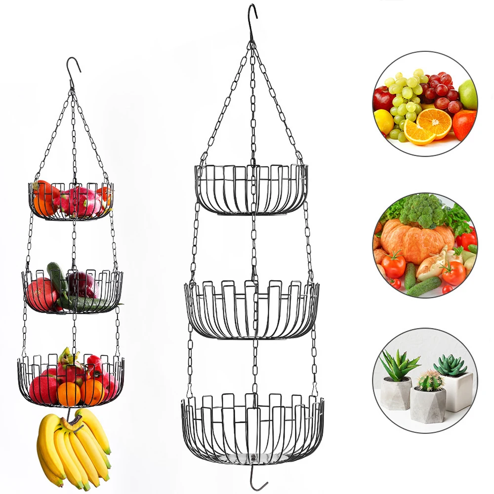 

3 Tier Hanging Basket Fruit Bowl Vegetable Organizer Kitchen Storage Food Baskets Plant Flower Handmade Iron Wire Holder Rack