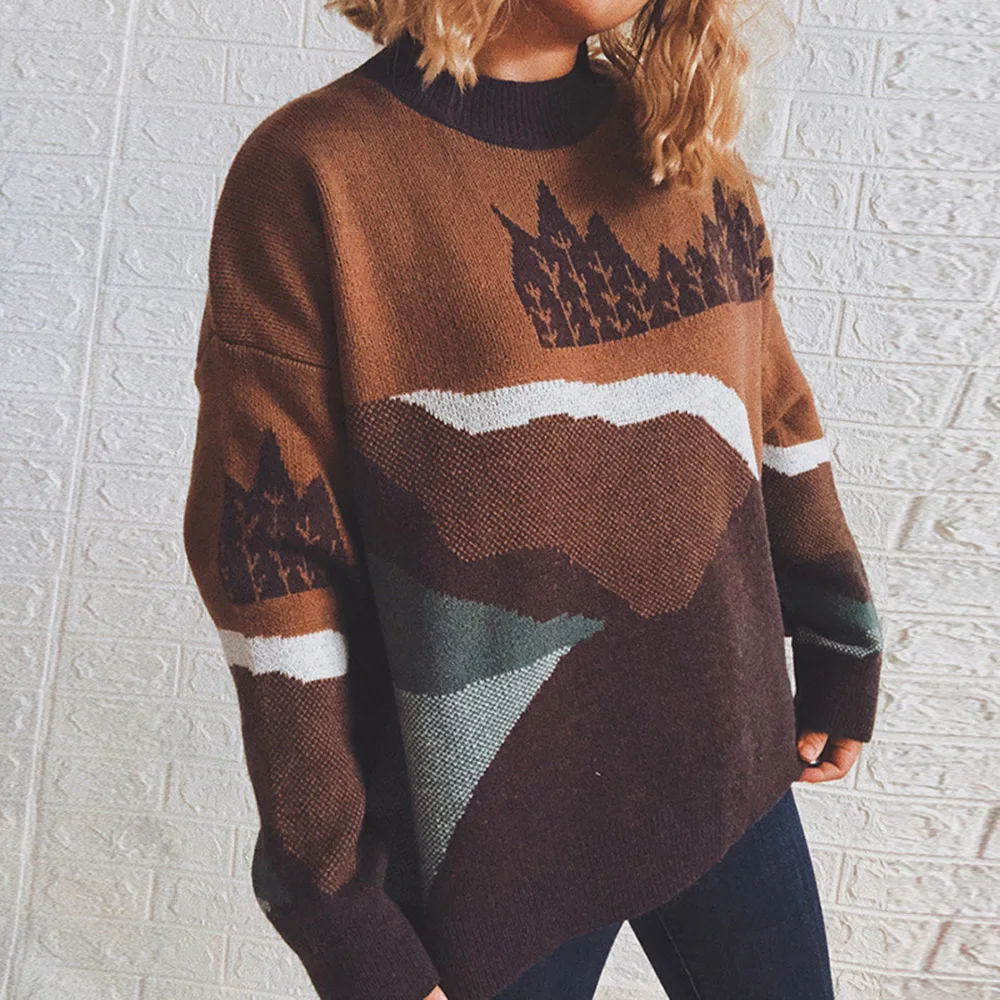 

Women's Sweater Autumn Winter New Fashion Casual Loose Round Neck And Long Sleeves Forest Christmas And New Year Themed Tops