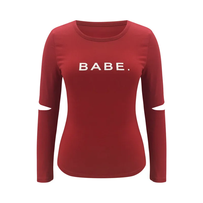 

Sexy Women Skinny T-Shirts Casual O-Neck Hollow Out Design Long Sleeve Letter Print Slim Pullover Tops Ladies Streetwear Tshirts