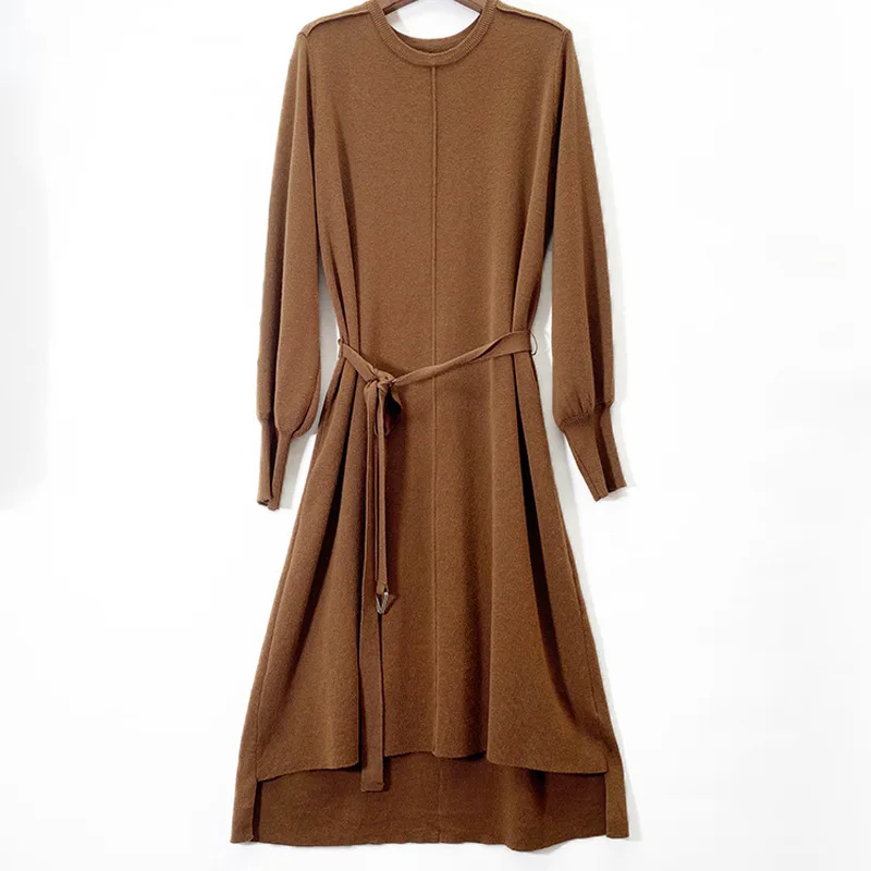 

and winter new solid color knitted dress women's round neck lace up loose bottoming and irregular mid length