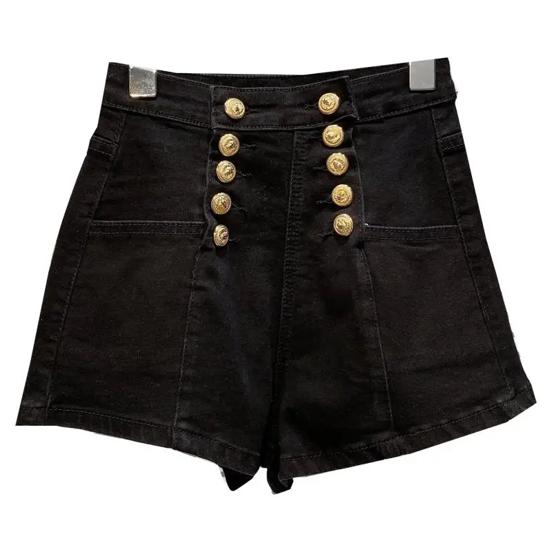 

2021 Summer Vintage Women Denim Shorts Double Row Metal Button Street Trend Hotpants Jeans Shorts Women