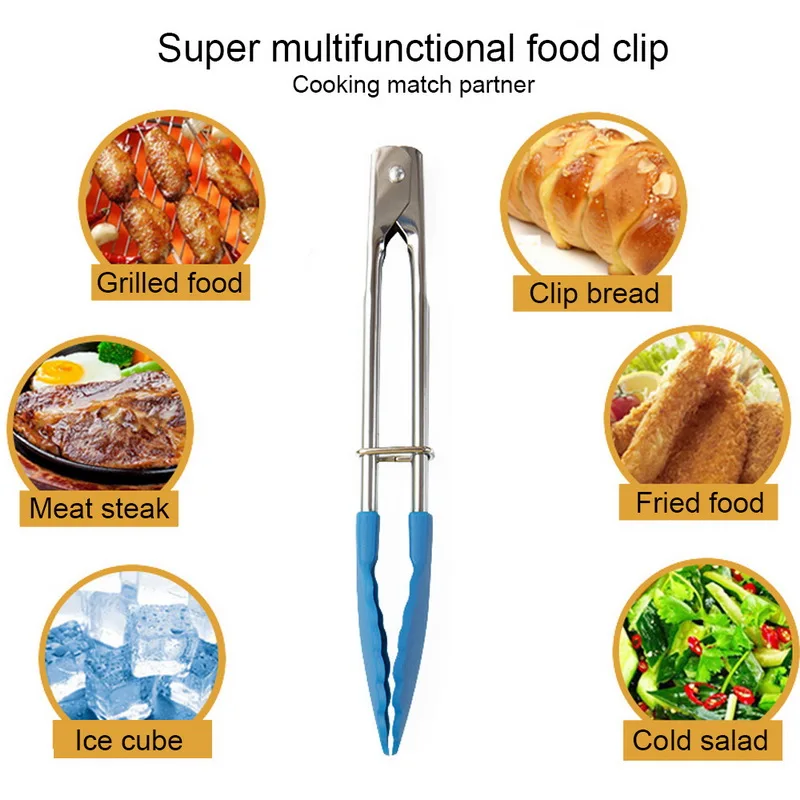 

Silicone Kitchen Cooking Salad Serving BBQ Tongs Stainless Steel Handle Utensil Barbeque Tongs Food Clip Random Color New