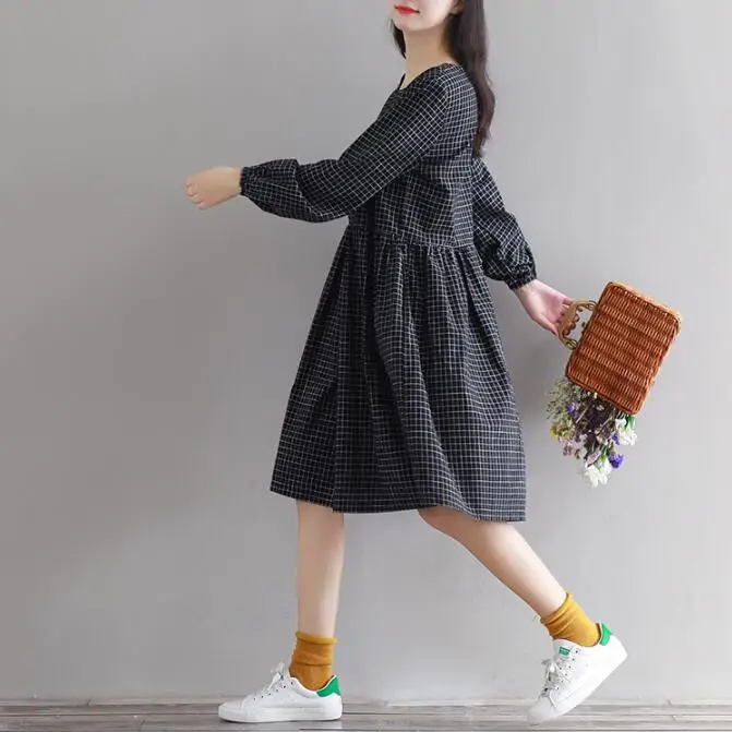 Preppy Cotton Linen Dress Spring Women Vintage Mori Black White Plaid Long Sleeve Pleated Bottom Vestido AW597 | Женская одежда