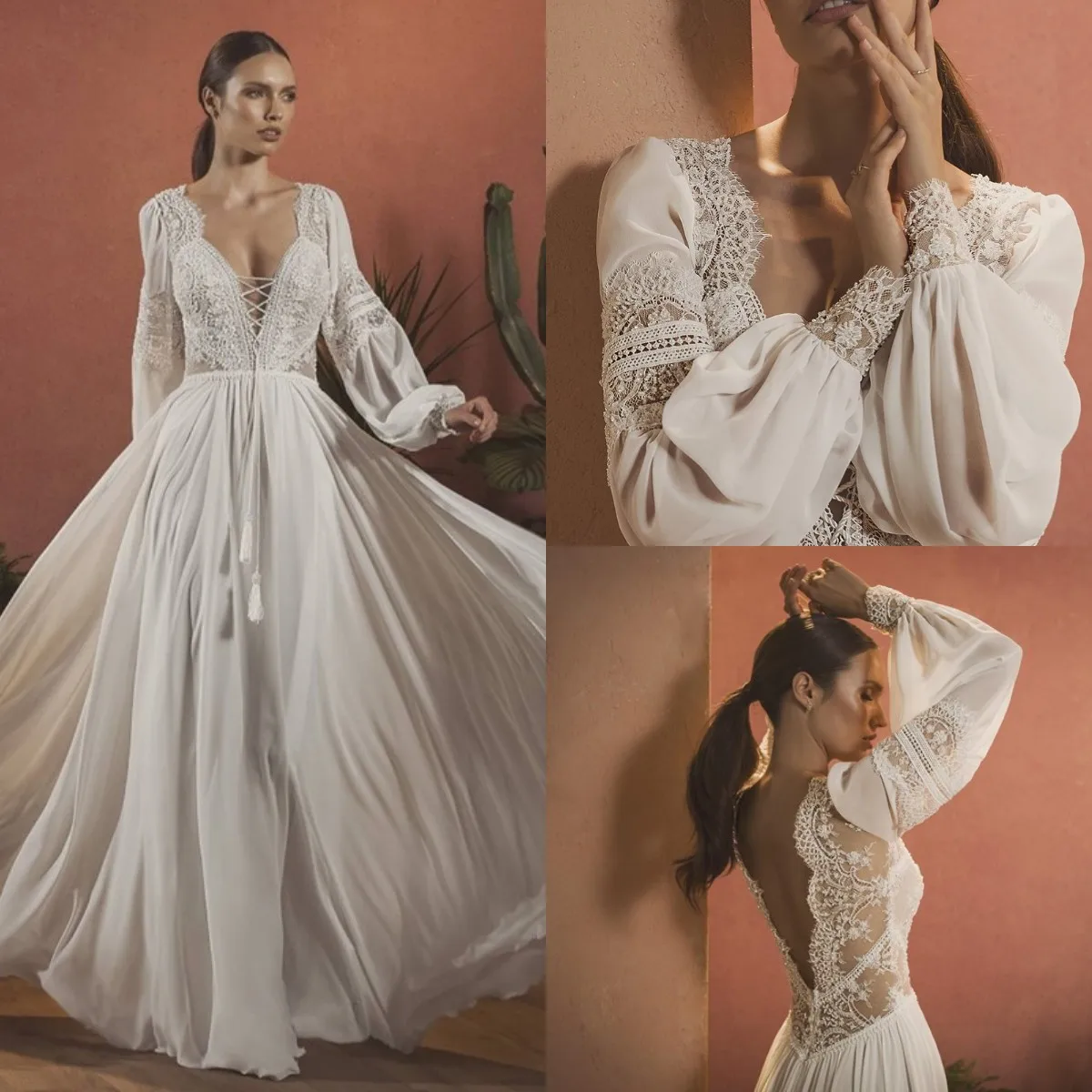 

Bohemian Wedding Dresses V Neck Long Sleeves Lace Chiffon Bridal Gowns 2021 Backless robe de mariée