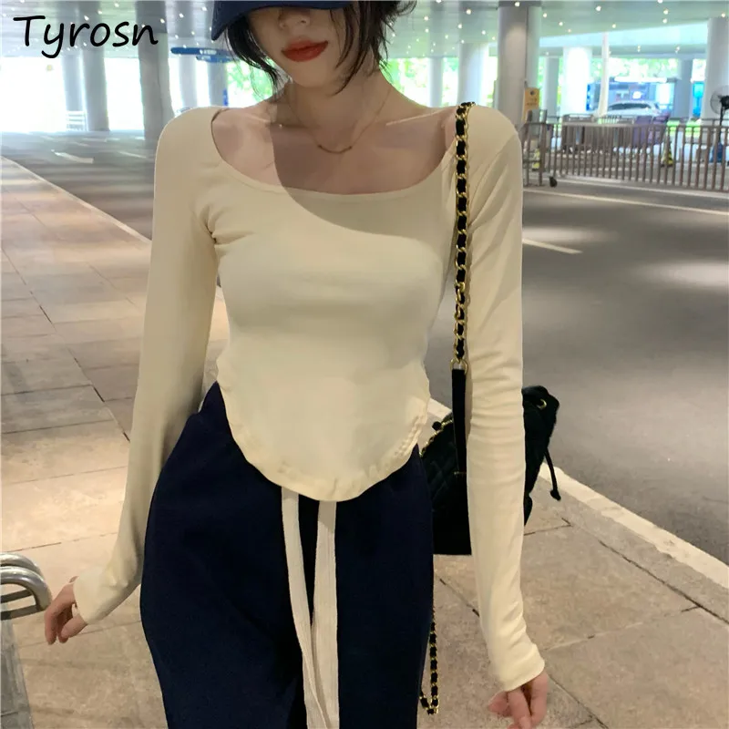 

Женские футболки с длинным рукавом, модные облегающие однотонные Необычные универсальные хлопковые уютные уличные женские футболки Y2K