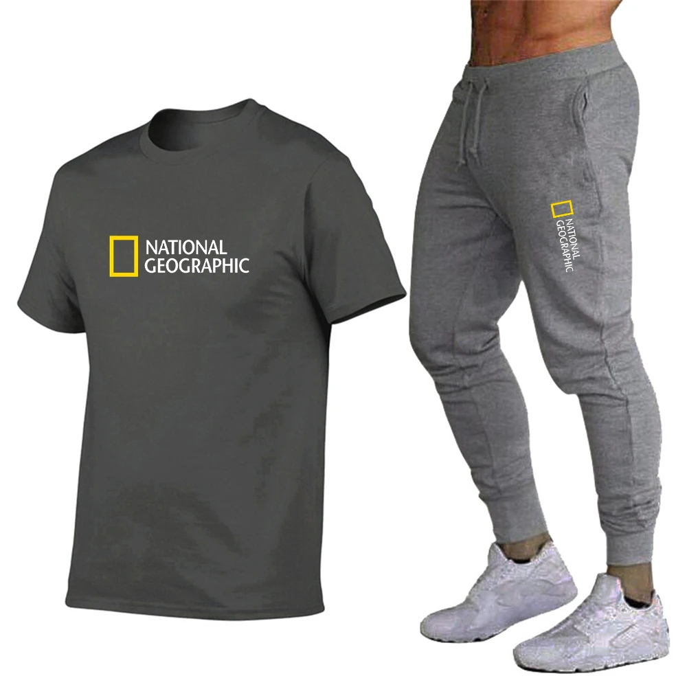

2021 summer male national geographic exploration adventure sitcom suit male casual fashion sports t-shirt + pants 2-piece set