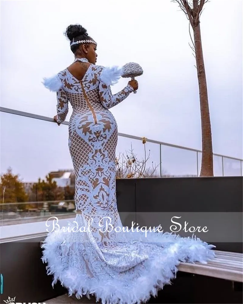 High Neck Mermaid Prom Dresses 2021 New White Long Sleeve Lace Beaded Formal Evening Dress with Feathers