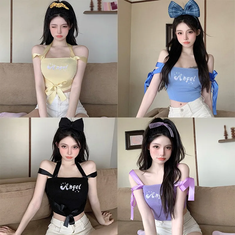 

Lace up Vest Hot Girl Style Women's Letter Print Slash Neck Bow Slim Exposed Navel Knitted Short Sleeve Tops