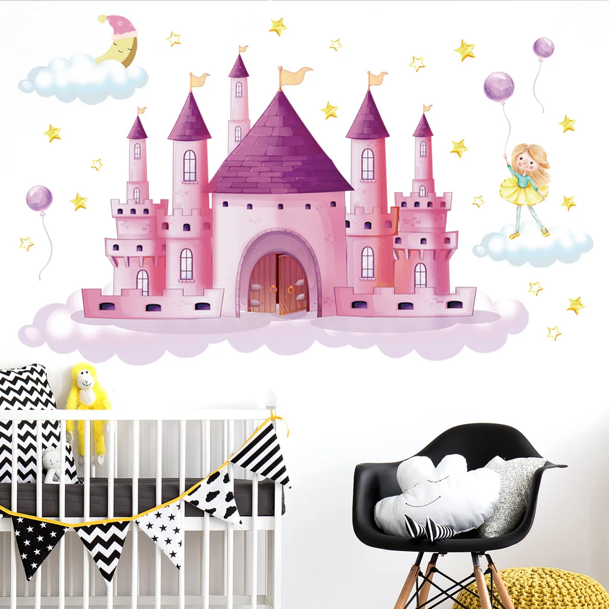 Pink Star Moon Castle Wall Stickers Children's Room Princess Bedroom Background Decoration Cartoon Wallpaper | Дом и сад