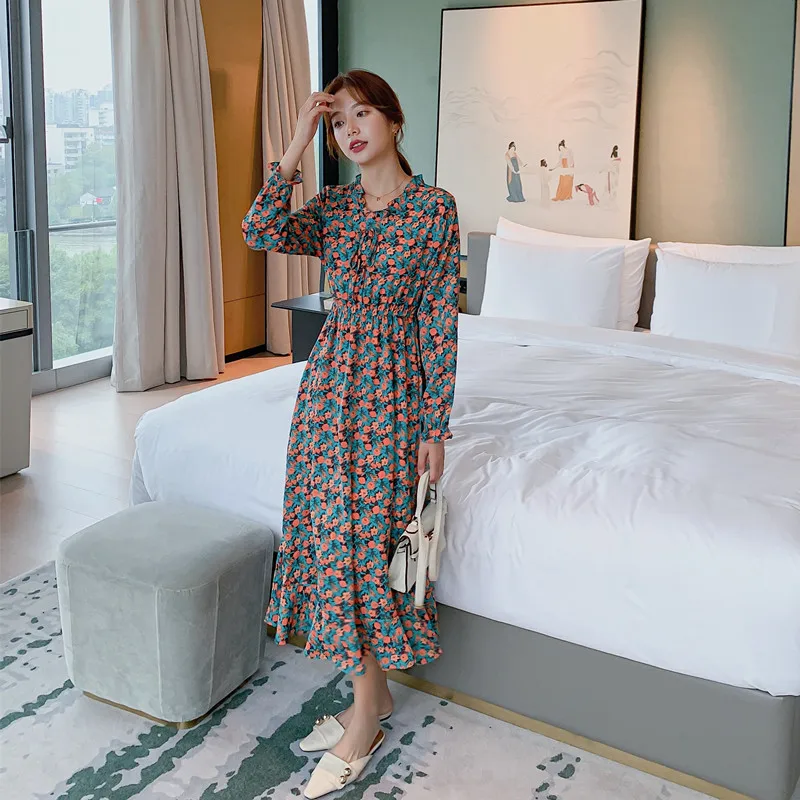 

Korean Style Women Spring Vintage Print Trumpet Mermaid Elegant Dress Fashion Casual Office Lady Sexy V-neck Party Dress Vestido