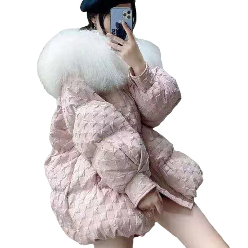 

Women Winter Jacket Medium Long Warm Pink Parkas Mongolia Sheep Fur Collar Duck Down Coat Parka