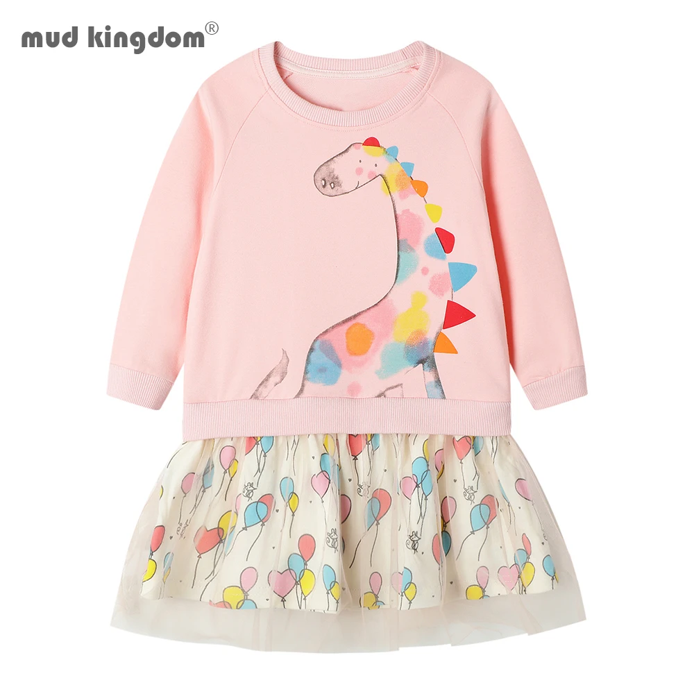 

Mudkingdom Girls Long Sleeve Dress Cartoon Dinosaur Patchwork Sweatshirt Dresses for Girls Winter Clothing 2-7 Years