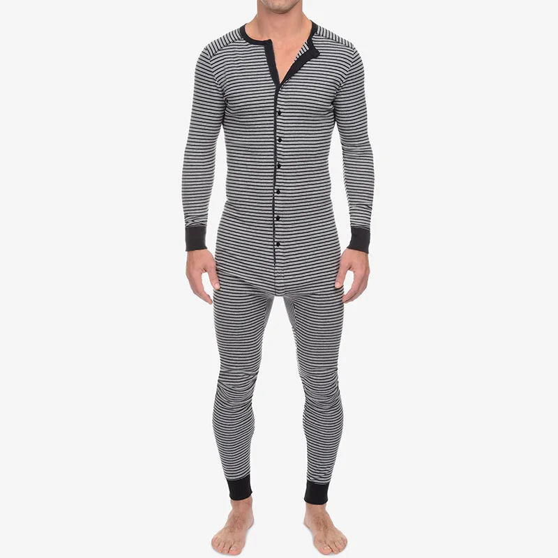 Fashion Striped Jumpsuits Long Sleeves Autumn Winter New Homewear Casual  Men Pajama Set Tight Jumpsuits Sleep Wear Men Pajamas