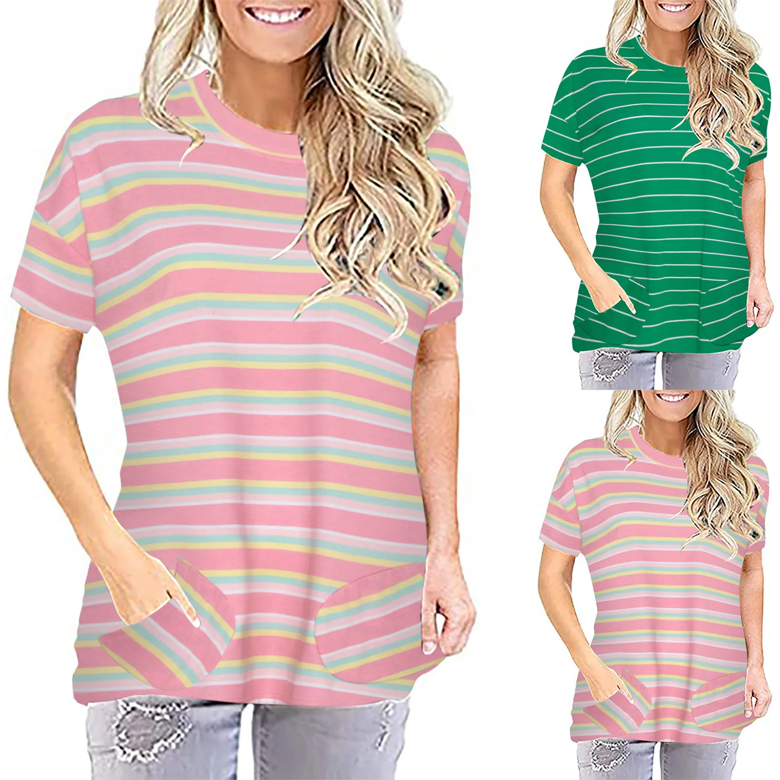 Летние топы футболка женская блузка Новые Топы в полоску с круглым вырезом и