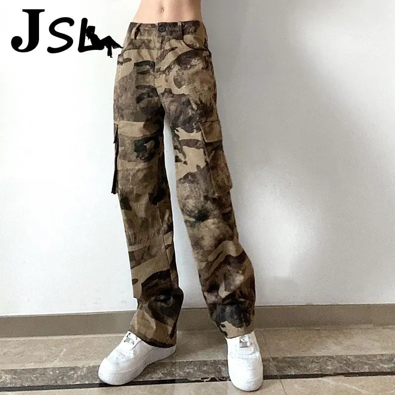 

Camouflage Printed Cargo Pants Women Wide Leg Baggy Sweatpants Joggers 90S Grunge Streetwear Vintage Big Pockets Mom Trousers