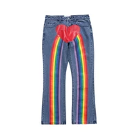 2021 korean fashion rainbow striped men hip hop flare jeans pants cotton straight casual oversize denim trousers pantalon homme