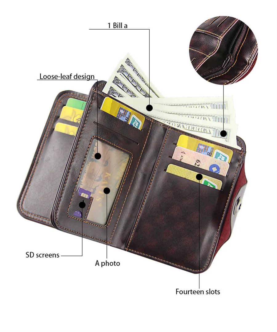 

Brand Men's PU Leather Short Wallet Magnetic Buckle Coin Purse Retro Large Capacity Three-page Folding Wallet Card Case New