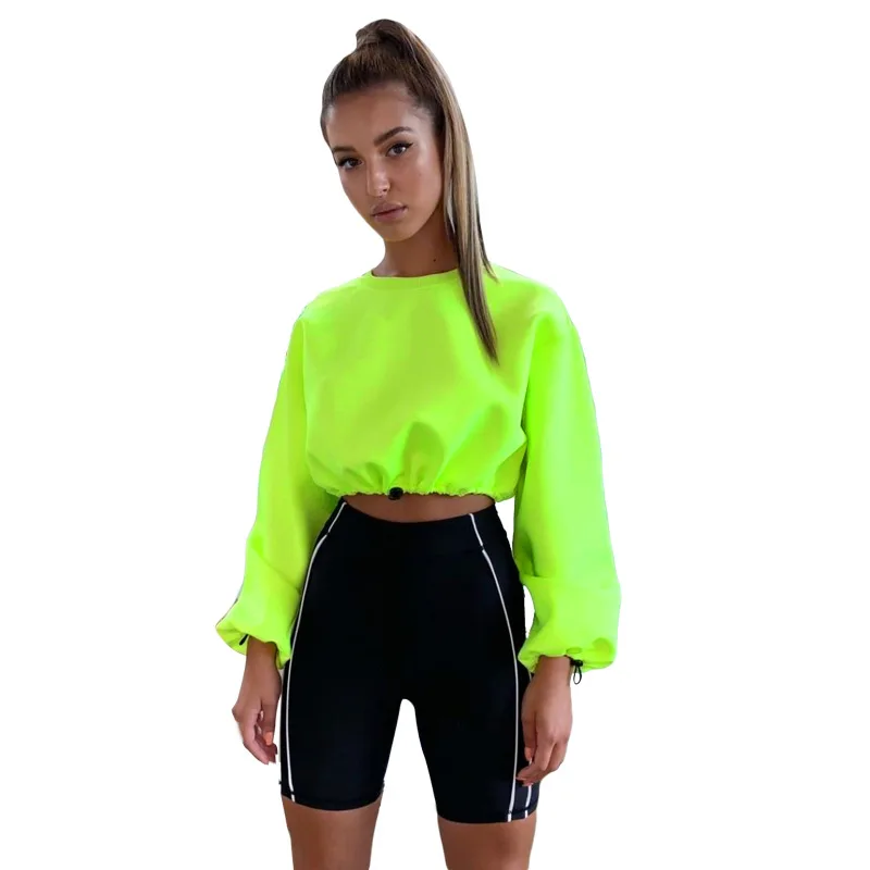 Модные неоновые зеленые свитшоты женские с круглым вырезом и длинным рукавом