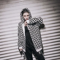 men hip hop hoodies sweatshirt oversized long sleeve harajuku streetwear male zipper black and white grid pullover hooded tops