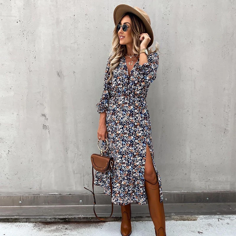 

Autumn Long Floral Print Dress Robe for Women 2021 Casual Long Sleeve Split Dress Female Boho Elegant Maxi Party Vestidos Spring