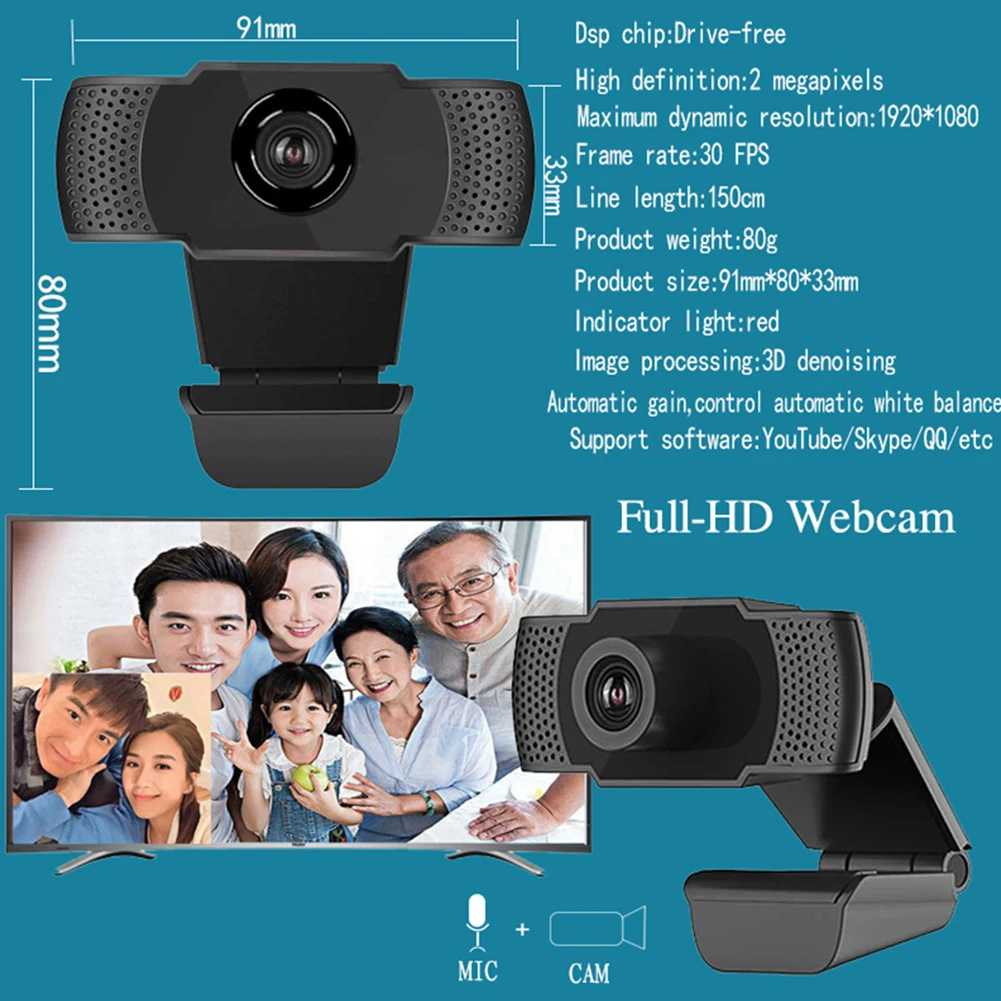 

USB Webcam Built-in Microphone 360 Rotating 2MP 1080P Full HD Webs Cameras PC for School Office Working Decoration