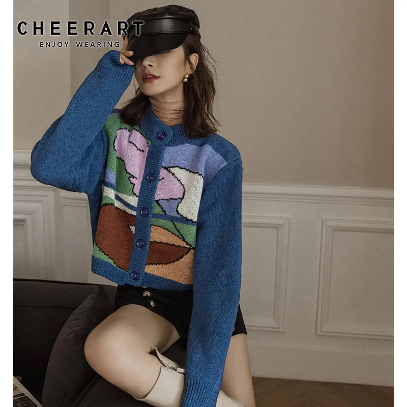 CHEERART импрессионизма печати кардиган женский свитер синяя Шерсть Дизайнер