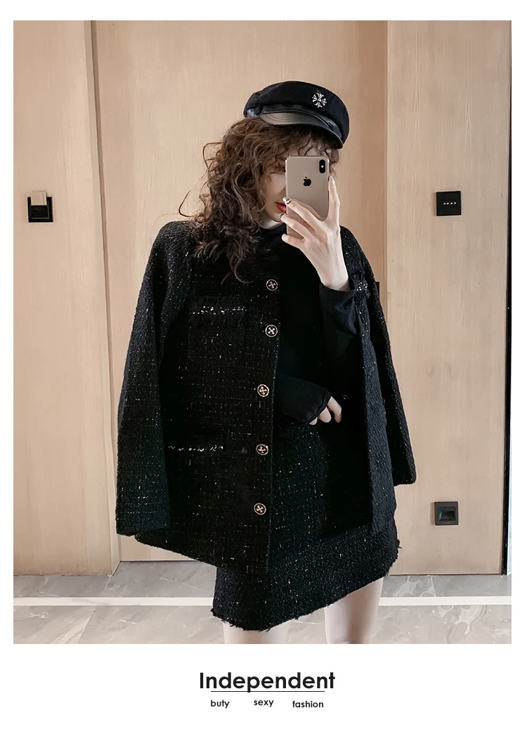 Black Tweed Blazer Skirt Two Piece Sets Autumn Winter New Ladies Tweed Jacket+ Skirt Coat Women Suits Clothes Wholesale
