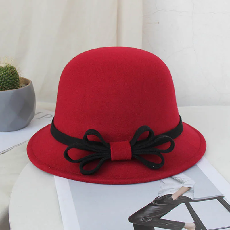 FS Винтаж Черный белый цвет широкими полями фетр Шерсть котелок шапки с бантом