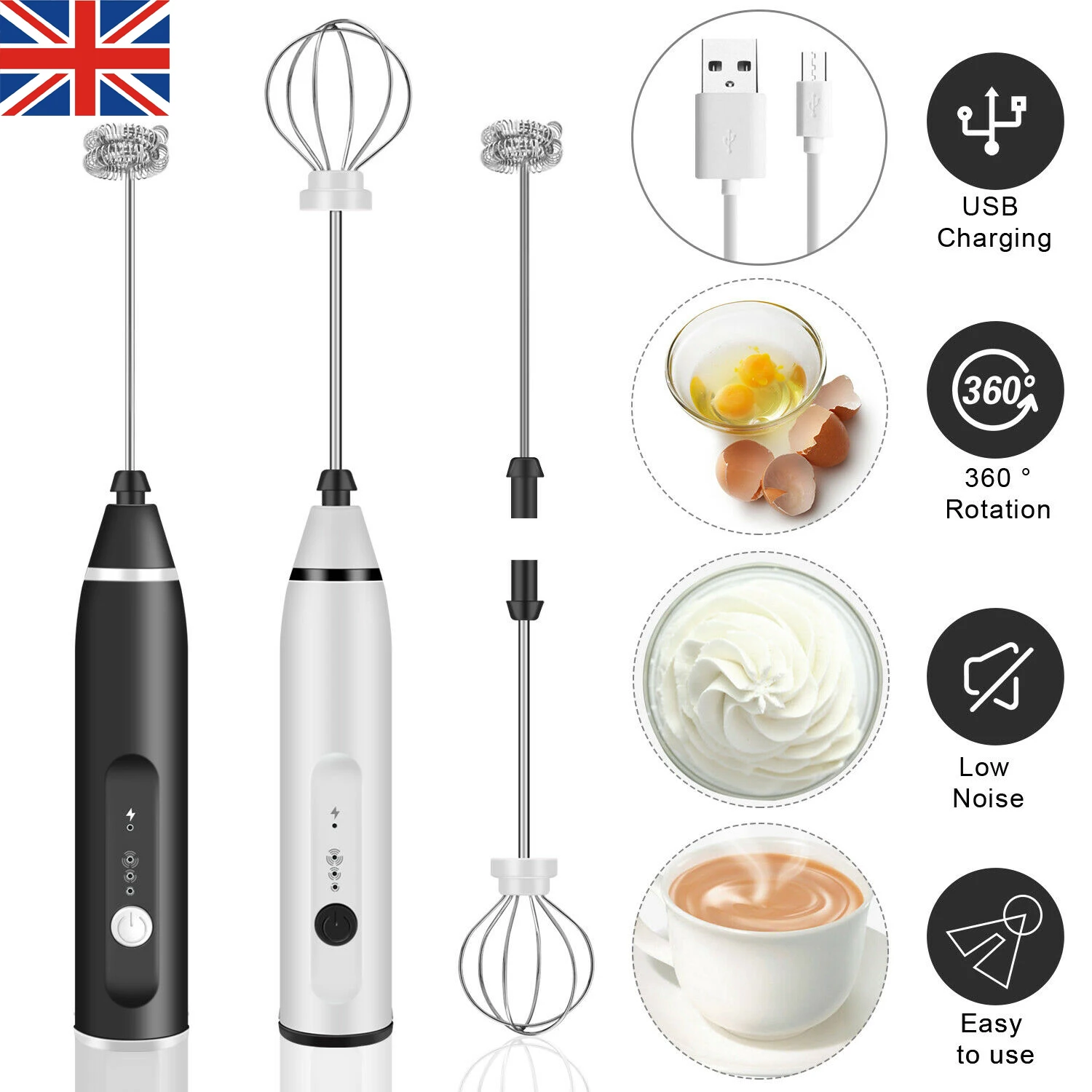 

1200MAH Battery Electric Milk Frother With Three Different Speeds USB Rechargeable Egg Beater Ergonomic Whisk Two Mixing Head