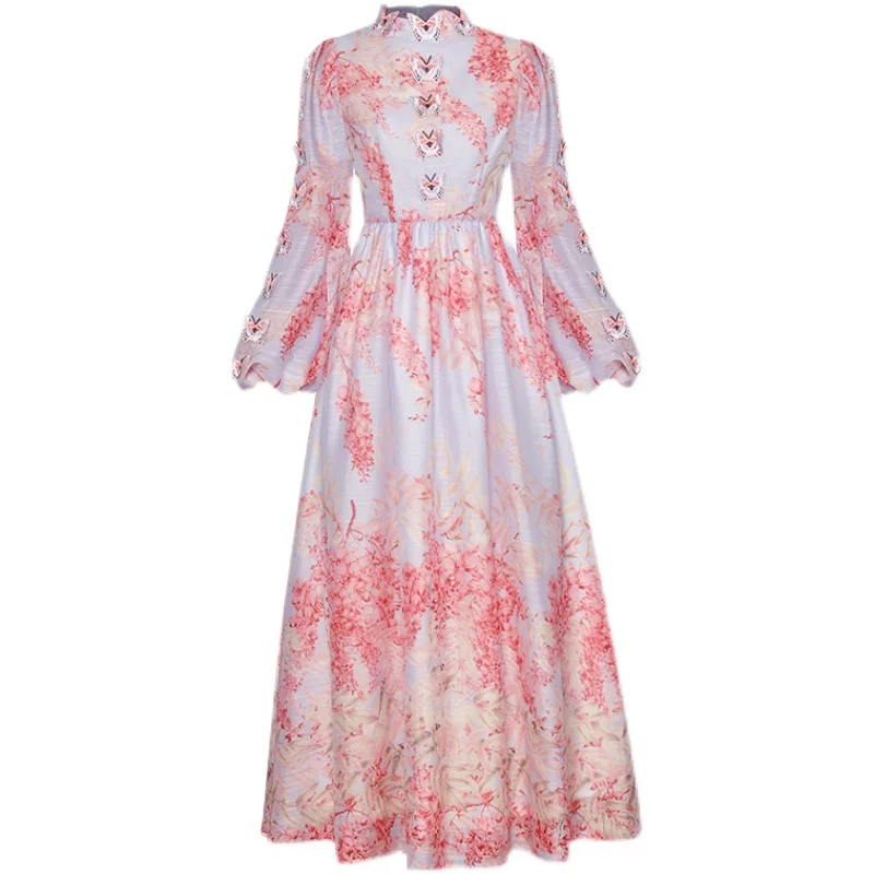 

Stand-up collar antern long-sleeved three-dimensional butterfly waist puffy large-length long printed dress 2021 spring new