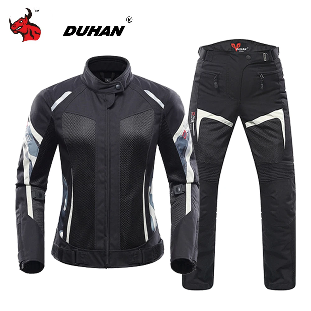 DUHAN Women Motorcycle Jacket Summer Breathable Mesh Moto Jacket Protective Gear Motorcycle Suit Motorbike Clothing Set Black