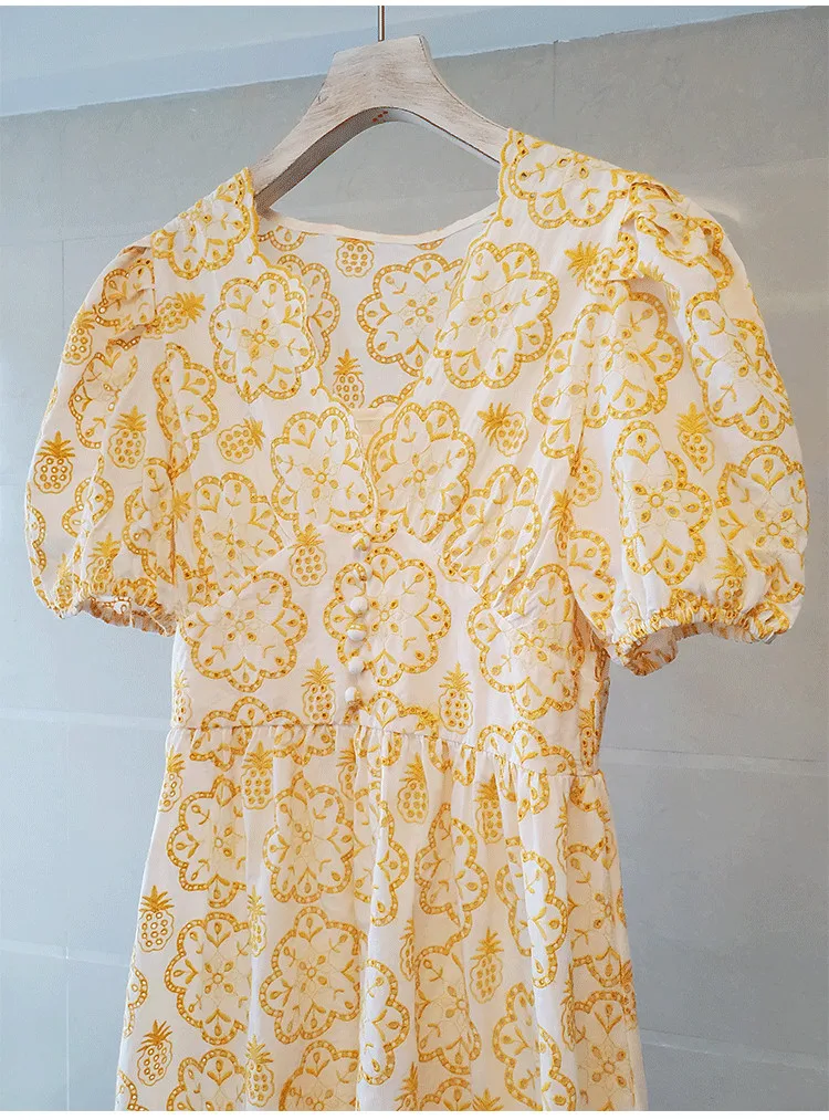 High Quality Lace Hollow Embroidery Women V Neck Puff Sleeve Holiday Long Dress 2020 Newest Summer Womans Runway Dresses Female | Женская