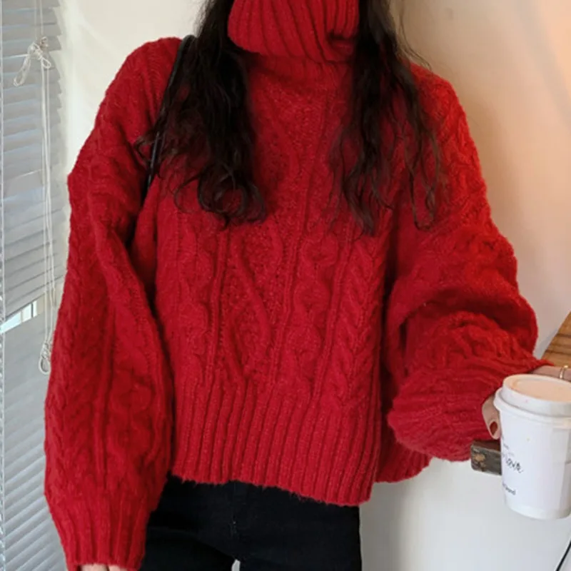 Пуловер с высоким воротником свитер Женский весенне-осенний красный нового