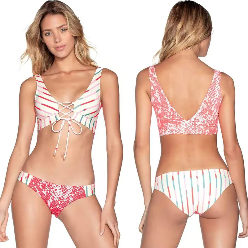

2021 New Sexy Striped Color Matching Tether Bikini Suit Women High Waist Plus Size Swimsuit Summer Swimming Fashion Swimswear