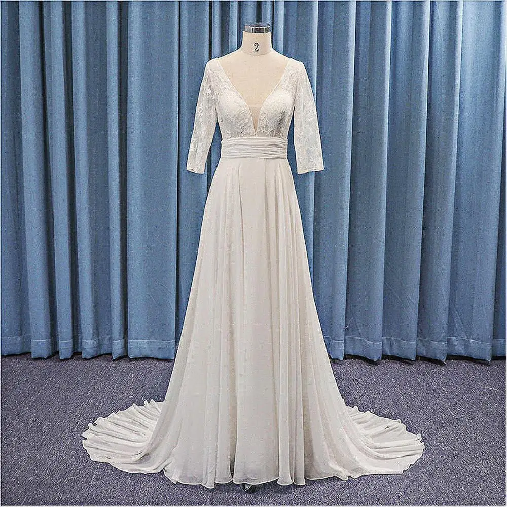 

2021 Chiffon Boho Wedding Dresses Half Sleeves Beach V-neck A Line Lace Sweep Pleat Train Sexy Backless Bridal Gowns Simple New