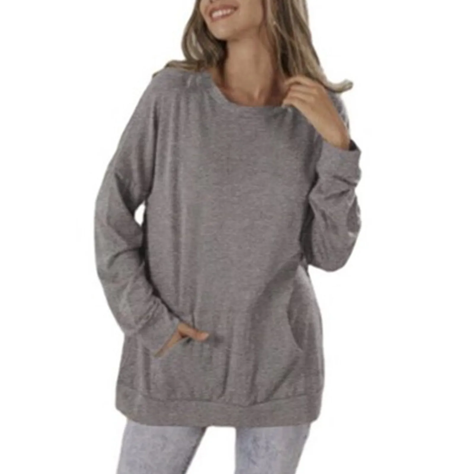 

2021 New Winter Long-sleeved Solid Color Casual Pocket Round Neck Blouse Women Harajuku Vintage Hoodie Sweatshirt Wholesale