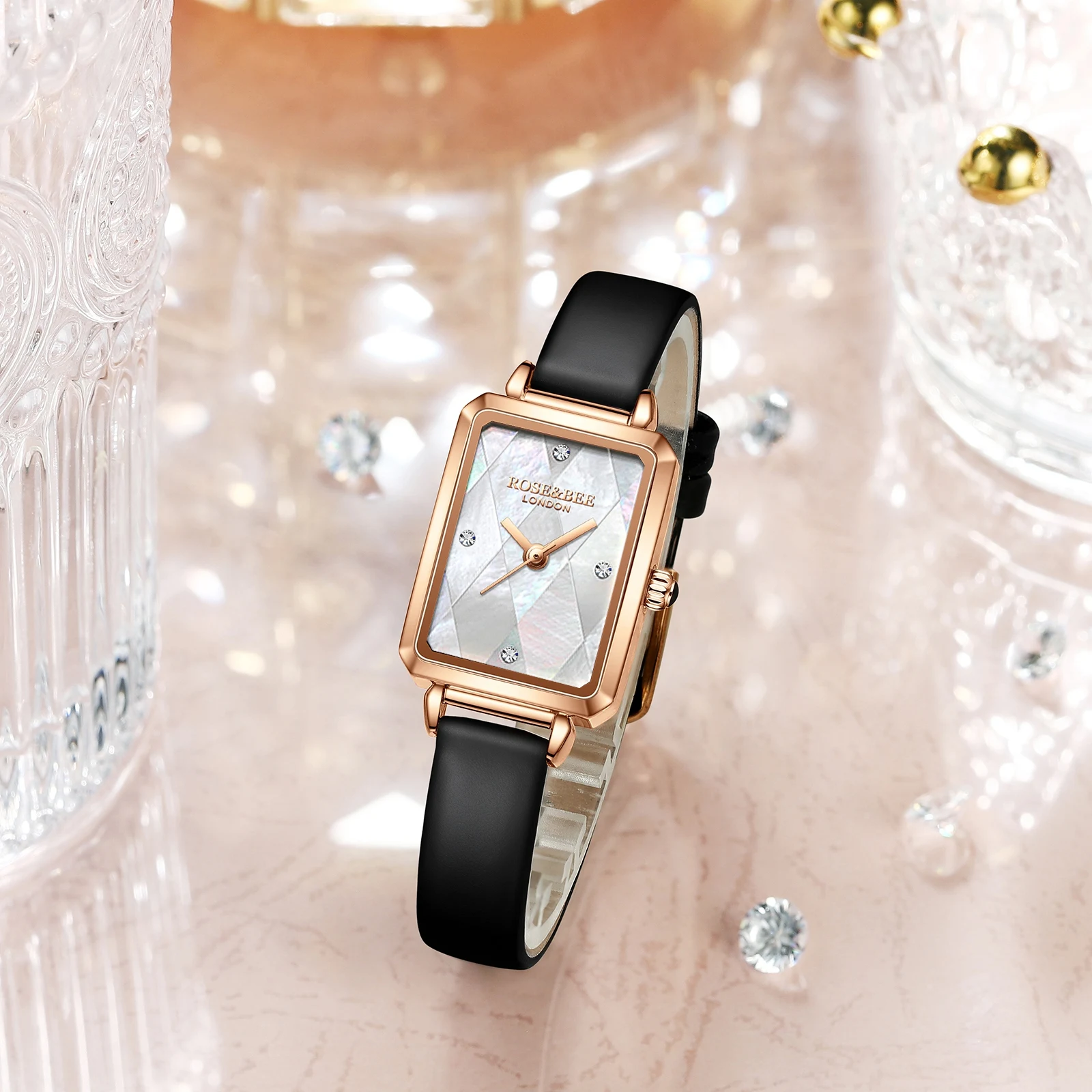 

ROSE&BEE Fashion Women Wrist Watch Green Square Dial Elegant Quartz Watches Leather Luxury Starry Sky Wristwatches Womans Gift