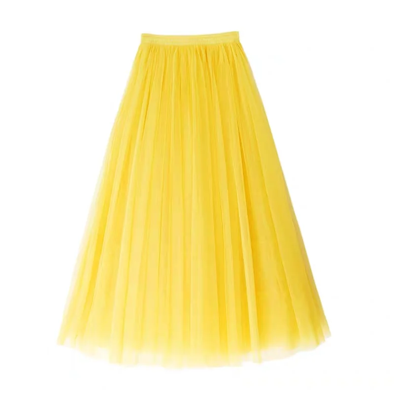 

Spring Summer Extra Long Mesh Lace Vintage Expansion Skirt Women Yellow Tulle Elastic Waist Beach Travel Ball Big Swing Skirts