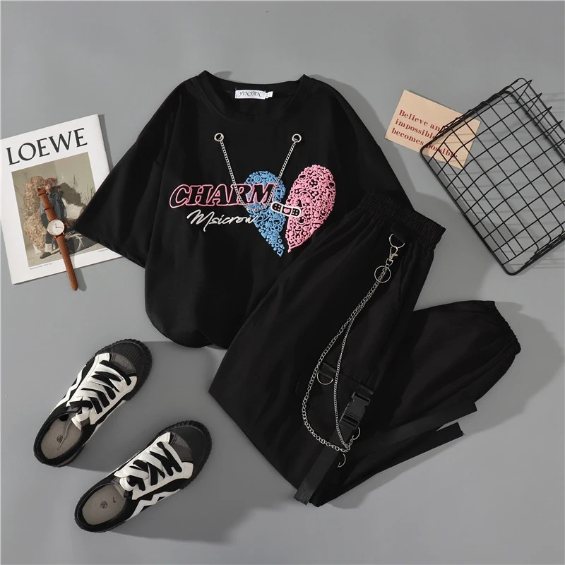 

Spring Autumn Women Harajuku Chain Cargo Pants Handsome Letter Printed T Shirt + Ribbon PantsTwo-piece Suit