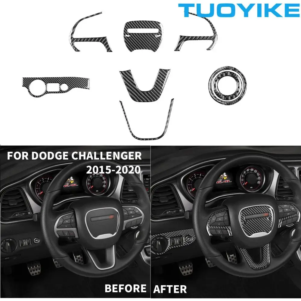 

Car Interior Carbon Fiber Steering Wheel Headlight Switch Button Start Stop Engine Sticker Cover Trim For Dodge Challenger 15-20