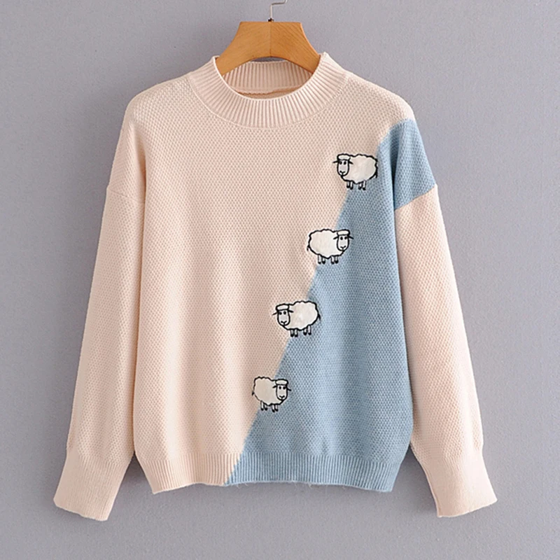 

O Neck Cartoon Sheep Embroidery Woman Sweater Pullovers 2021 Patchwork Loose Oversized Women's Jumpers Casual Knitwear Coat