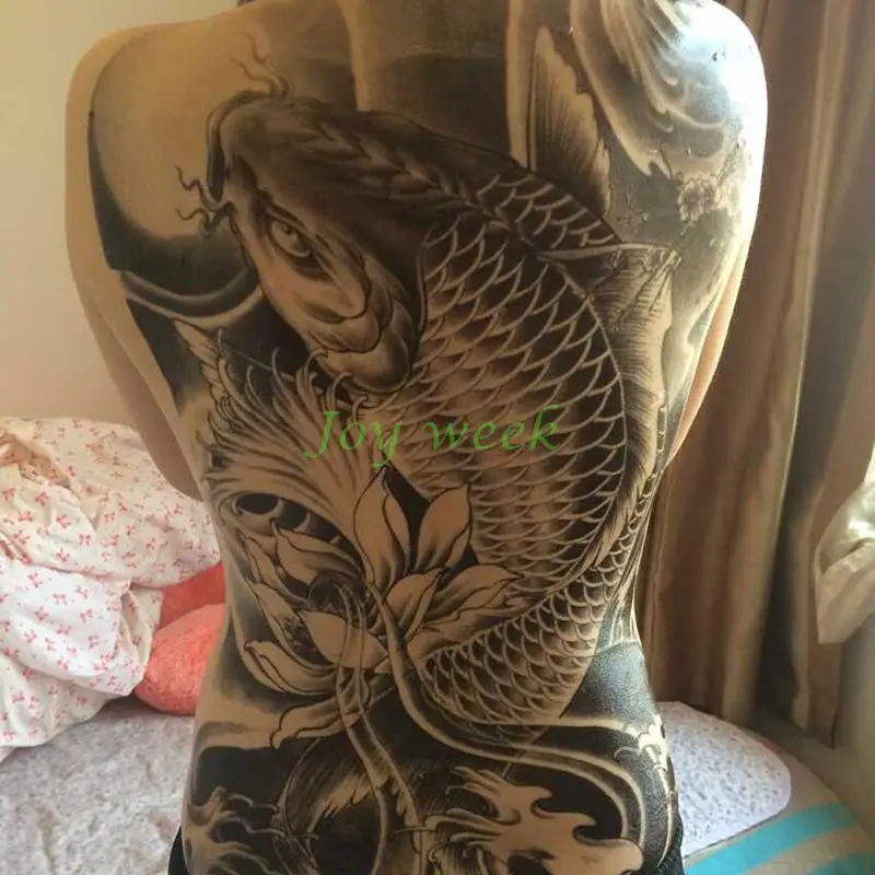 Водостойкая временная татуировка, наклейка Koi lotus, Мужская татуировка на всю спину, Большая татуировка, наклейка s флэш-тату, поддельные татуировки для женщин 19 - Цвет: Светло-серый