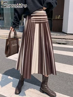 surmiitro 2021 autumn winter midi long pleated skirt women korean style striped mid length high waist a line skirt female