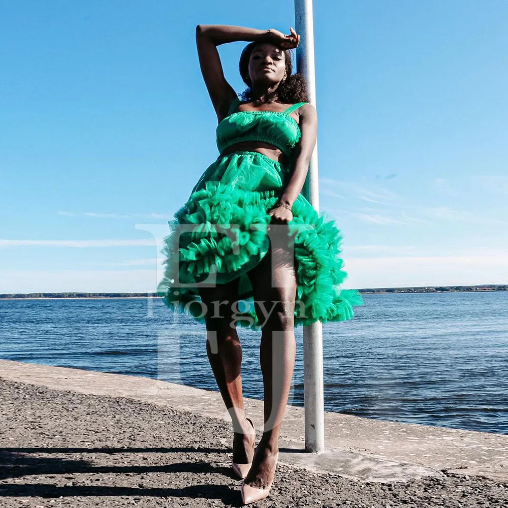 

Комплект из двух предметов, зеленый фатиновый топ и короткая юбка, Многоярусное платье-пачка с оборками, платье для выпускного вечера, плать...