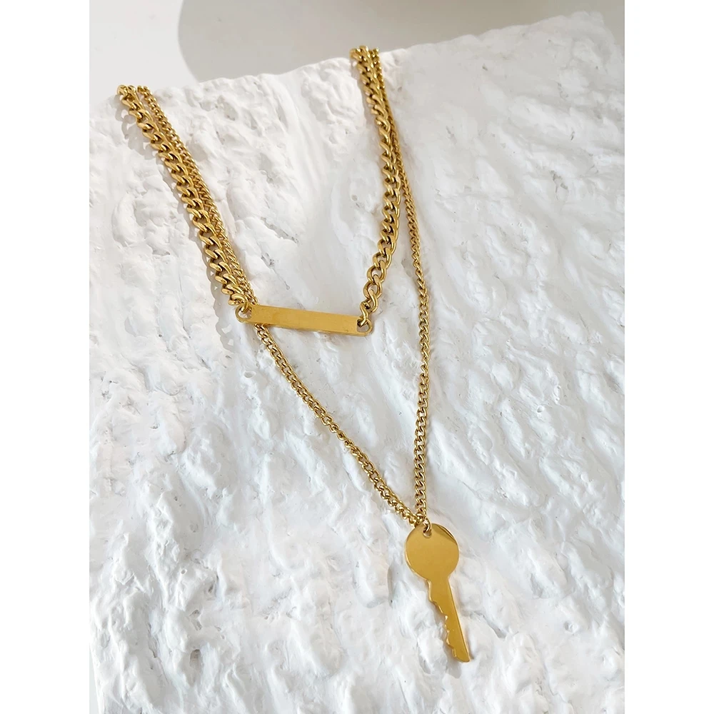 

Ghidbk Key Pendant Layered Necklaces Gold Color Stainless Steel Chain Necklace For Women Street Punk Necklace Jewelry Trend Gift