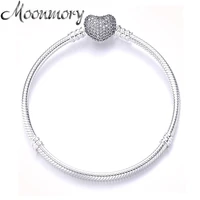 moonmory genuine 925 sterling silver heart lock bracelet with clear zircon for women luxury brand jewelry snake chain 16 21cm