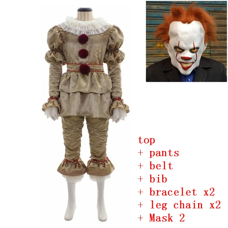 costume mask 2 Фильм Стивен Кинг это пеннивайз Косплей костюмы Маска пеннивайз клоун Страшный Джокер костюм комплект Хэллоуин костюм для взрослых - Цвет: costume mask 2