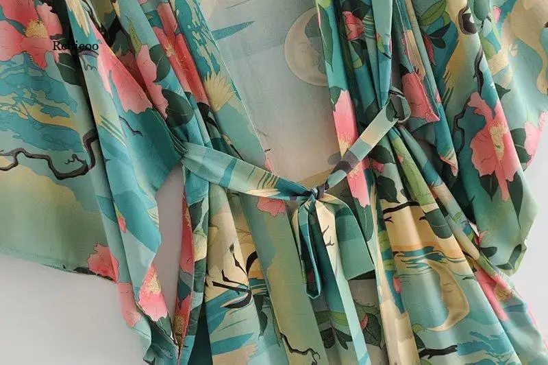 

Summer Tops Beach Green Retro Vintage Printed Bohemian Kimono Shirt Sleeve Cardigan Bohemian Long Wrap Top