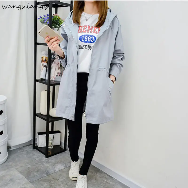 

Autumn Women Basic Jacket Zipper Hooded Casual Solid Color Long Coat Outwear Loose Plus Size windbreaker coat Female A483