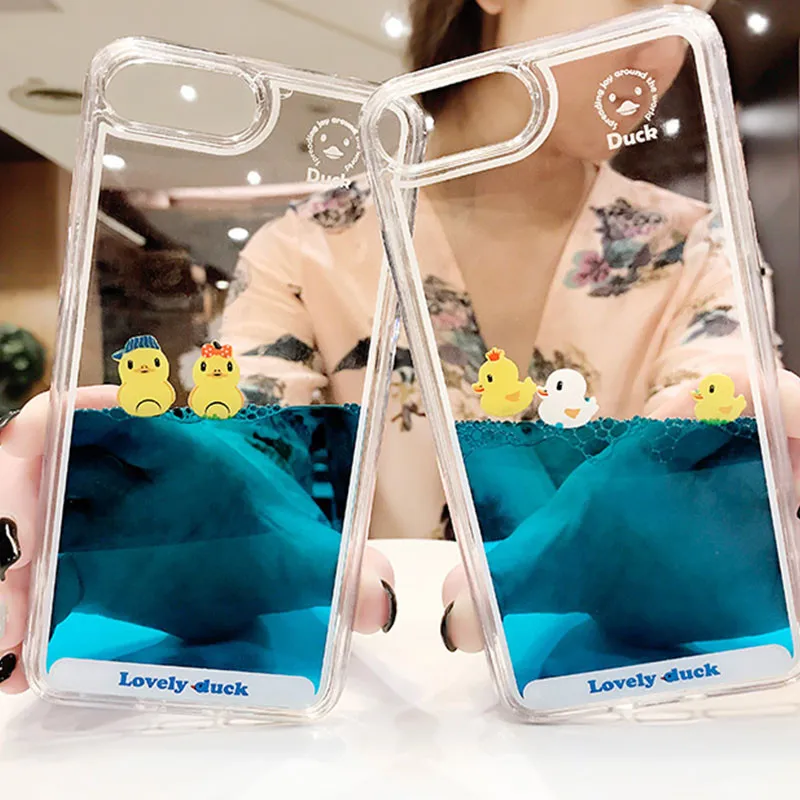 Cartoon Phone Case For iPhone 13 12 11 Pro Max X XR XS MAX 3D Swimming Duck Dynamic Liquid Quicksand For iPhone 6 7 8 Plus Cover images - 6